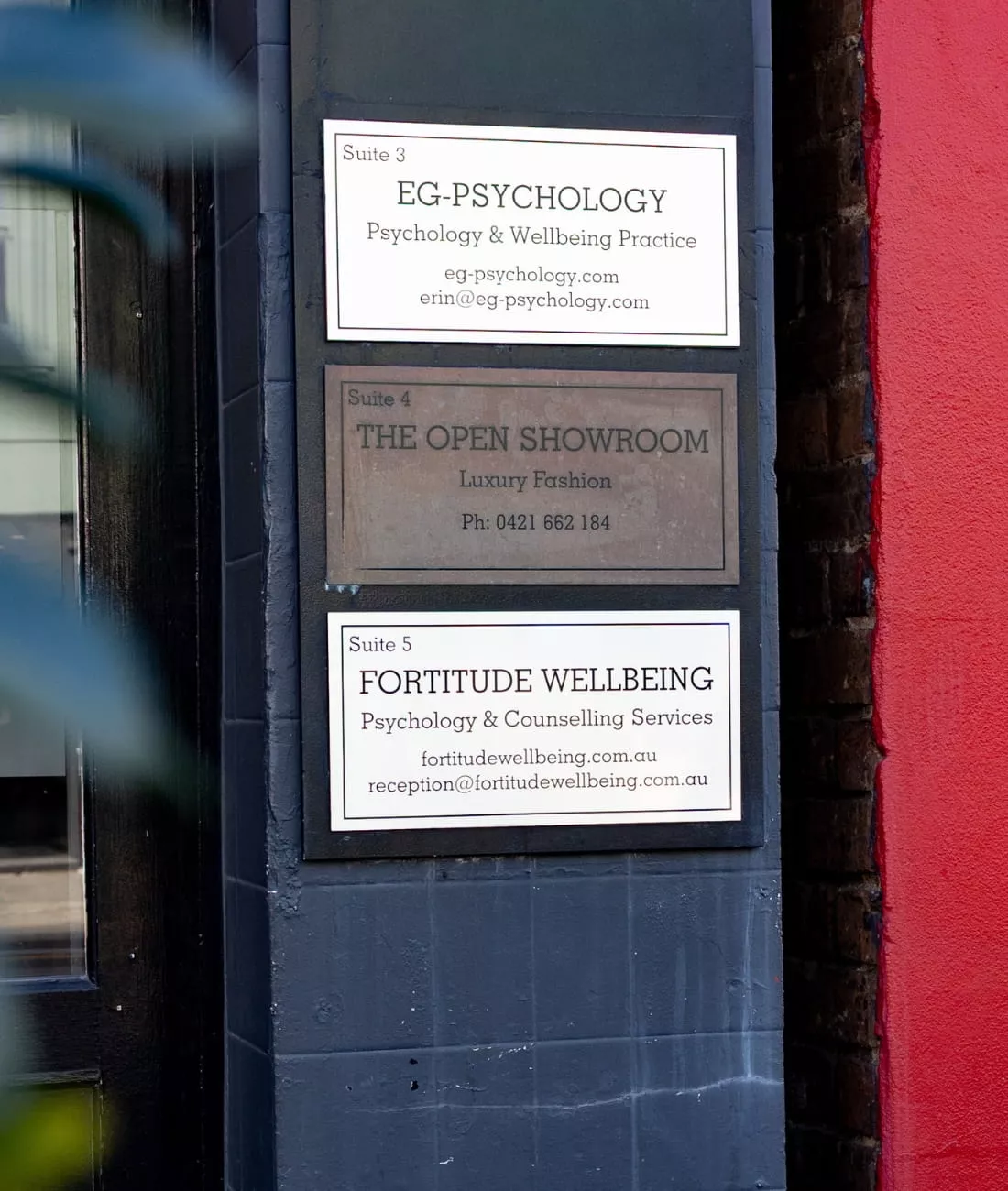 fortitude-wellbeing-south-yarra Fortitude Wellbeing Psychology and Counselling Services sign at the South Yarra clinic